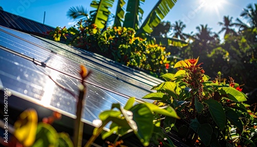 Solar panels in lush tropical garden with vibrant flowers.