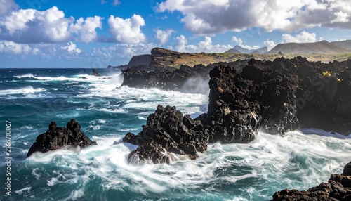 Dramatic Ocean Waves Crashing Against Rocky Coastline.