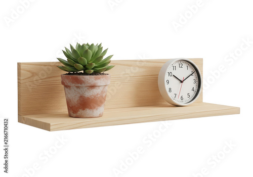Small succulent plant in terracotta pot on wooden shelf with clock isolated on transparent background for home decor