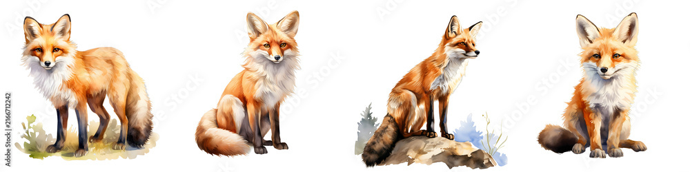 Naklejka premium Watercolor illustration of four red foxes with orange fur on a black background in different poses