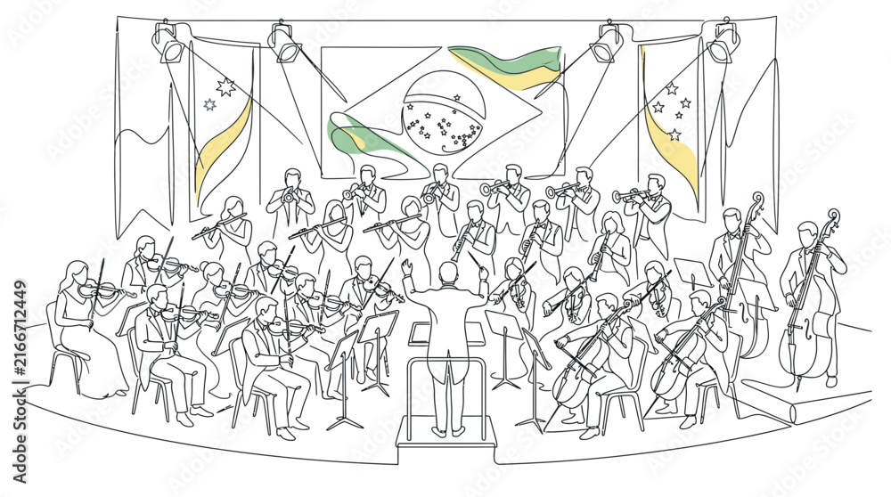 Fototapeta premium Continuous Line Drawing of Full Symphony Orchestra Performance on Stage