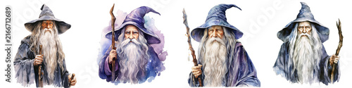 Collection of wizards with staffs and pointed hats with long white beards in watercolor style