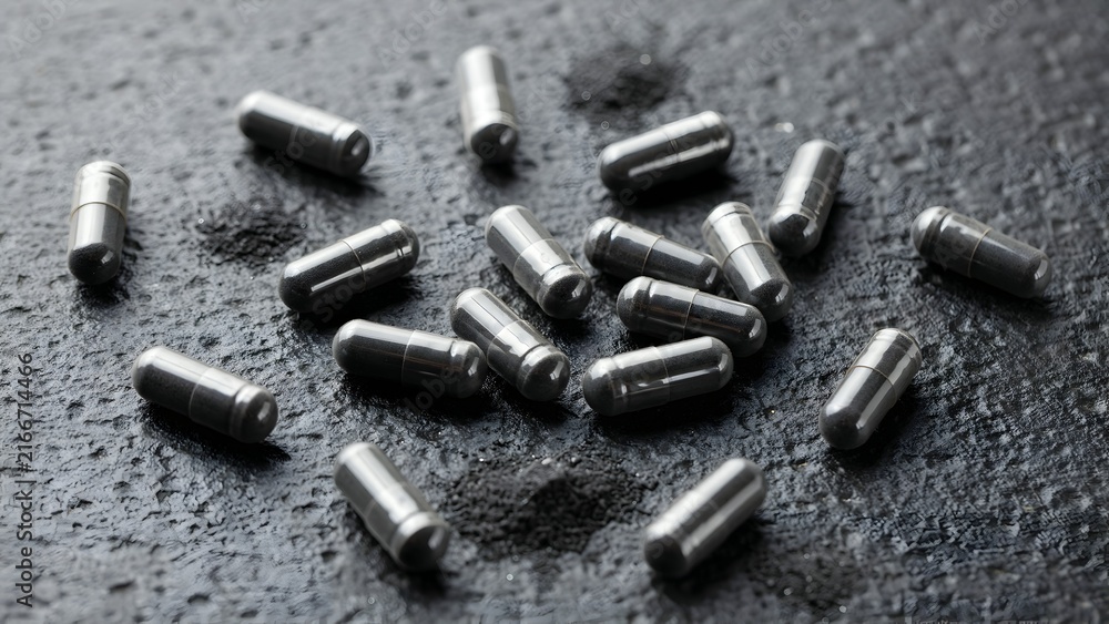 Fototapeta premium Metallic Capsules and Black Powder on a Dark Surface Background