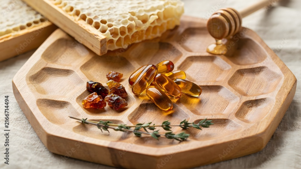 Fototapeta premium Honeycomb with Honey, Herbal Extracts and Wooden Spoon on Plate