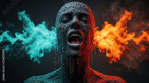 Human head covered in water droplets screaming with blue vapor and orange fire smoke. Concept of intense pain, emotional burnout, dual temperature extremes, and mental struggle.