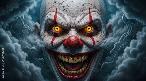 Terrifying scary clown face with cracked white skin, red makeup, and glowing yellow eyes laughing amid smoke. Concept of horror nightmare, Halloween monster, and spooky circus creature.