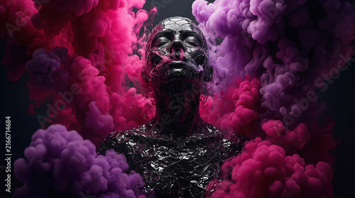 Abstract human bust with cracked black skin amidst pink and purple smoke clouds. Concept of creative inspiration, mindfulness, meditation, and fine art.