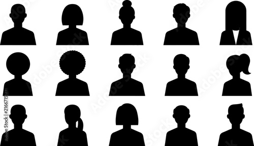Set of diverse user profile avatar silhouettes featuring various hairstyles and head shapes isolated on a white background for web design