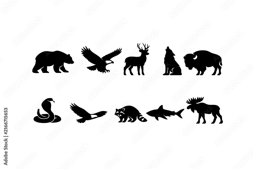 Fototapeta premium Black silhouettes of wild animals set on white background isolated on white background, Vector