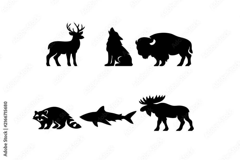 Obraz premium Set of wild animal silhouettes including wolf deer and shark isolated on white background, Vector
