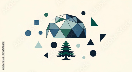 Minimalist Mid-Century Modern Geodesic Dome and Pine Tree Art