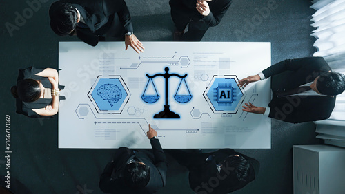 Fotografie Professionals engage in a discussion on artificial intelligence and legal ethics, highlighting the balance of justice and corporate responsibility in tech advancements