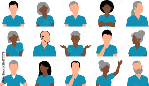 A set of diverse medical staff avatars including doctors and nurses wearing blue scrubs in flat vector illustration design style