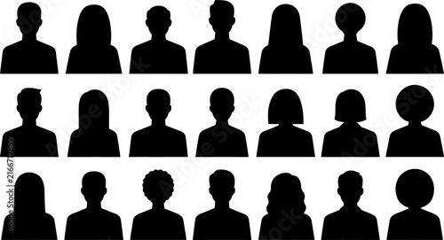 Set of diverse male and female human profile silhouette icons representing generic users or avatars for digital interface design and social network