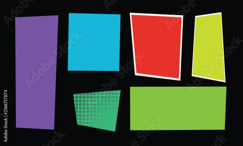 Modern comic strip frame grid layout on dark background with pop art