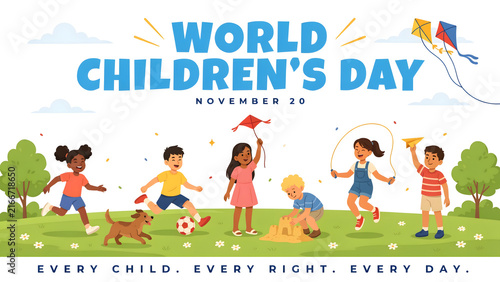 A colorful cartoon for children day featuring diverse kids playing with a soccer ball, kite, and jump rope in a green park