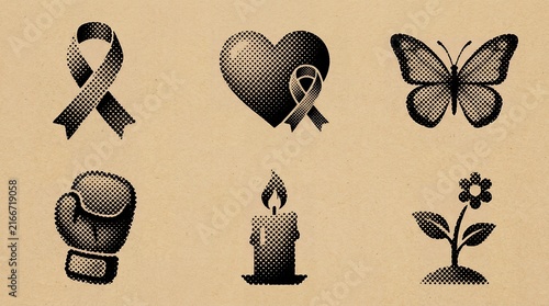 Awareness ribbon halftone icons featuring heart butterfly glove candle and flower for health advocacy and support campaigns.
