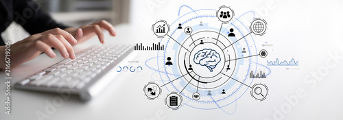 Photography Digital Brain Concept Illustration with Data Visualization Elements and Keyboard Interaction for Technology and Innovation Themes