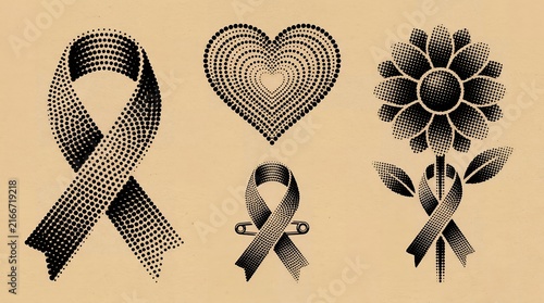 Awareness ribbon halftone pattern collection with sunflower heart and safety pin for cancer awareness charity fundraisers.