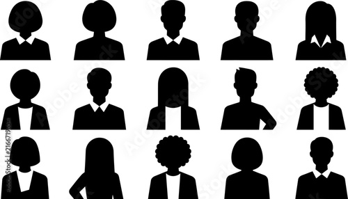 Set of diverse male and female human head and shoulder silhouette avatars for corporate profile pictures and business communication identity icons