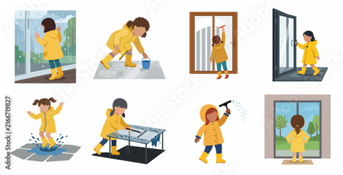 Little girl in yellow raincoat illustration set: cleaning, playing in puddles, and indoor activities during rainy weather