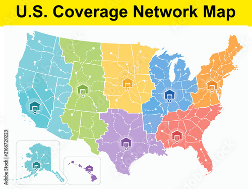 Obraz na plátně US coverage network map showing regional distribution centers and connections