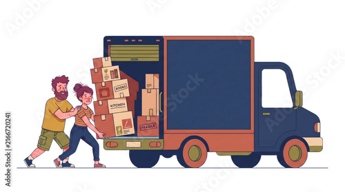 Couple moving to a new home with packed boxes and delivery truck illustration
