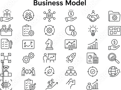 Set of business model icons and illustrations in black and white