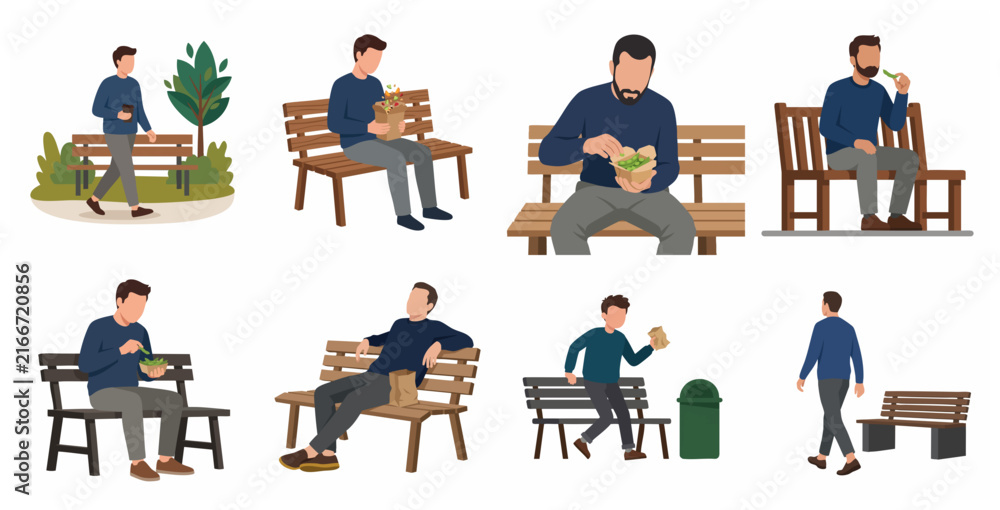 Fototapeta premium Man Sitting on Park Bench Eating Lunch and Having Coffee Break Flat Vector Illustration Set