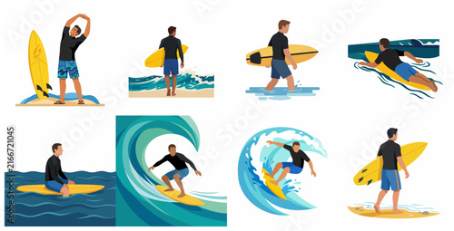 Set of male surfer characters in various poses including surfing, walking, and stretching on the beach, flat vector illustration
