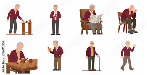 Elderly man character set with various daily life activities and poses, senior male flat vector illustration