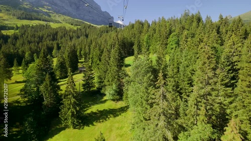 Point of view shot from a moving cable car descending over a pine forest in the swiss alps. Switzerland