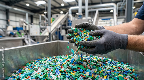 Worker holding recycled colorful plastic pieces in a factory production facility