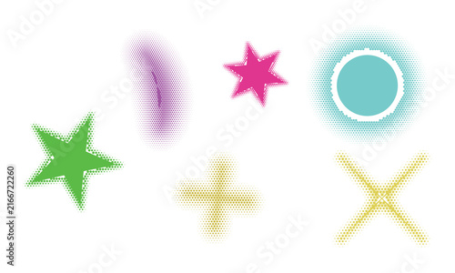Set of colorful halftone graphic symbols and shapes with colorful desi