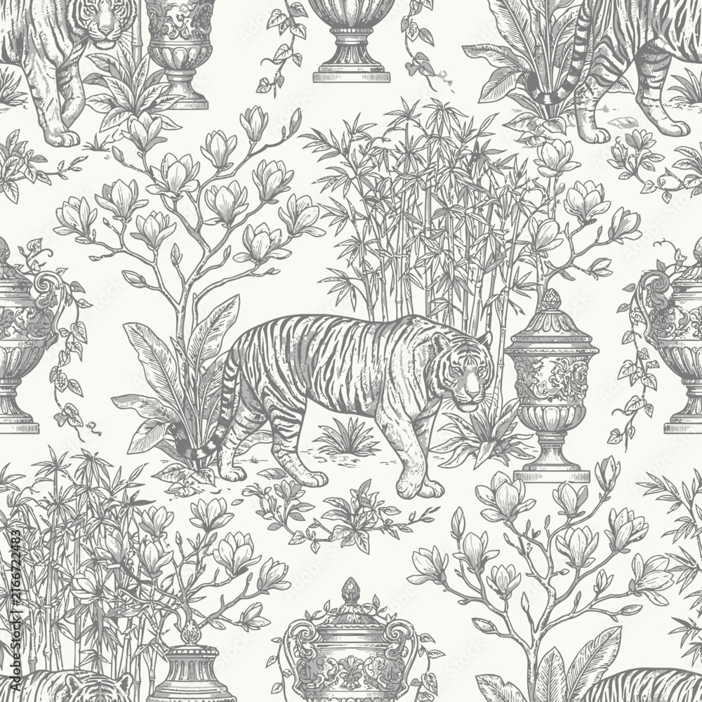 Fototapeta premium Vintage Hand Drawn Toile de Jouy Seamless Pattern with Tigers and Tropical Flora