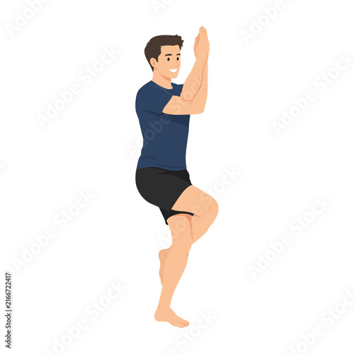 Man Practicing Garudasana or Eagle Pose Yoga Balance. Flat vector illustration isolated on white background