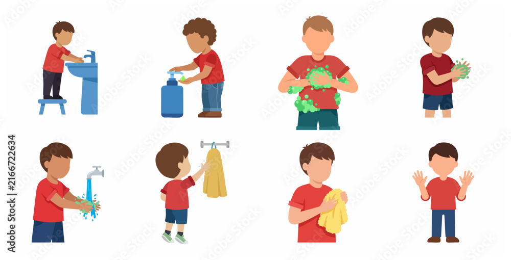 Fototapeta premium Set of Illustrations Showing a Little Boy Washing His Hands Step by Step for Proper Hygiene and Health Care