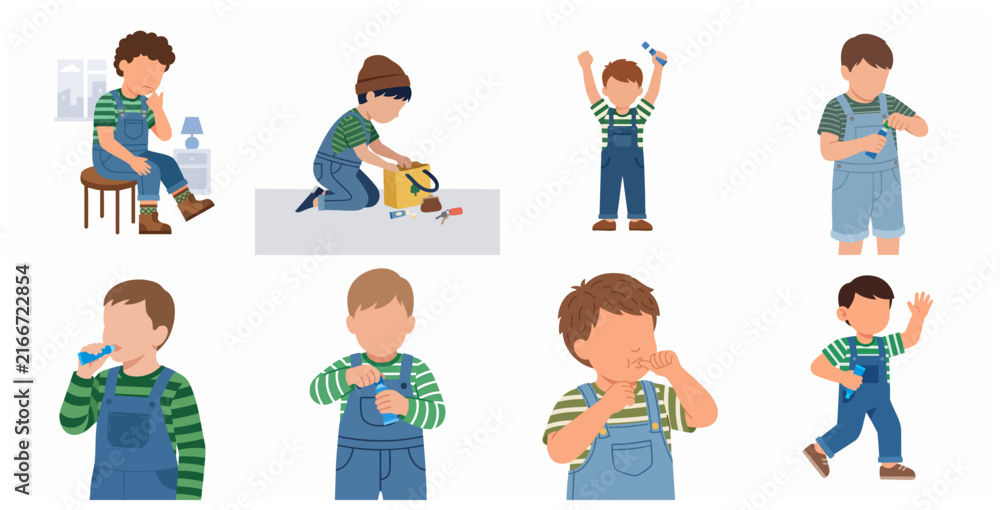 Fototapeta premium Vector set of a curious young boy in overalls in various poses exploring and eating from a small tube