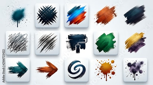 Set of artistic paint brushes strokes and ink splatter icons on white background for creative design projects.