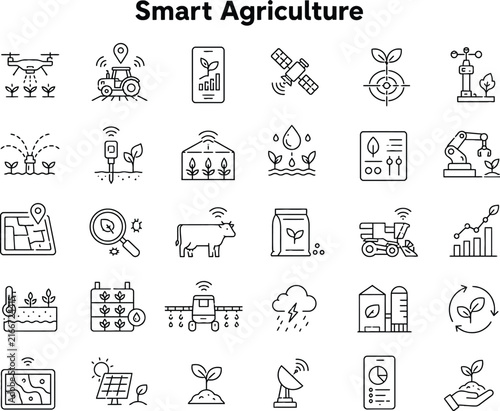 Smart agriculture icons set for modern farming technology