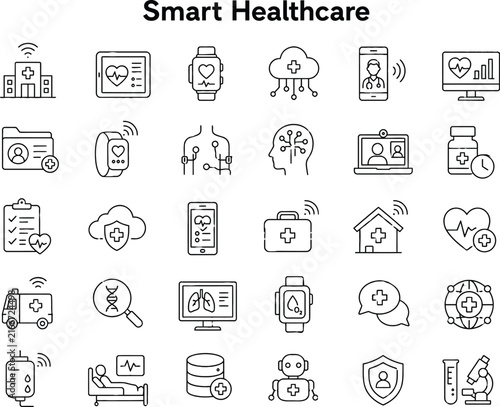 Smart healthcare technology icons set illustration