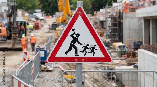 Unusual construction site safety sign depicting worker chasing children with hammer in outdoor work zone.