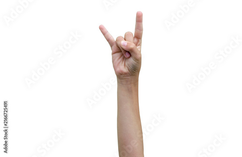 Canvastavla Child hand making a rock horns gesture with raised index and little fingers, isolated on transparent background