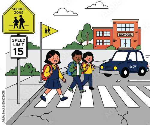 School Zone Safety Vector Illustration On PNG Background, school zone, school safety, children crossing, school crossing, pedestrian safety, road safety, traffic safety, school road, 
