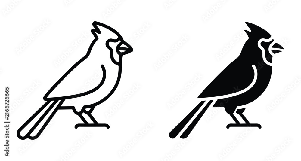 Fototapeta premium Cardinal bird icon set featuring outline and solid silhouette styles for nature wildlife design projects and animal logo branding elements