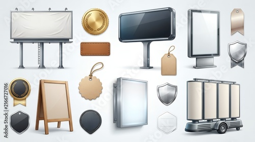 Professional outdoor signage billboards and luxury metallic badges for identity.