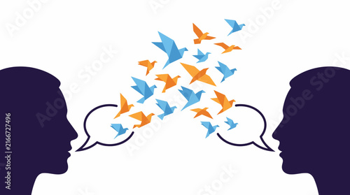 Two head silhouettes exchanging speech bubbles with origami paper birds flying vector illustration isolated on white background for communication and peace concept