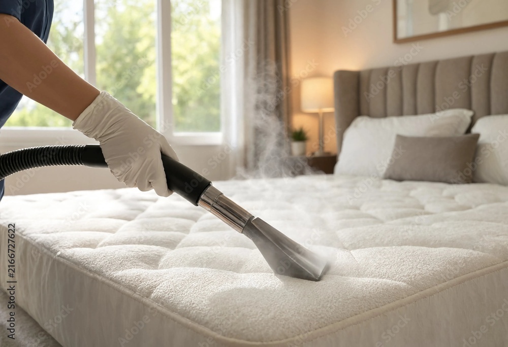 Fototapeta premium Professional cleaner steam sanitizes a white quilted mattress in a bright modern bedroom, emphasizing hygiene, deep cleaning, freshness, comfort, and household wellness.