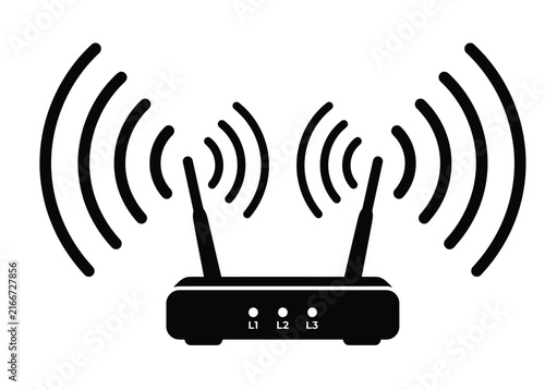 Konstfotografi Wireless wifi router icon with dual antennas, black network modem silhouette, in