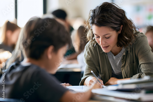 A dedicated female teacher assisting a young boy in a classroom filled with students, fostering a supportive learning environment.
